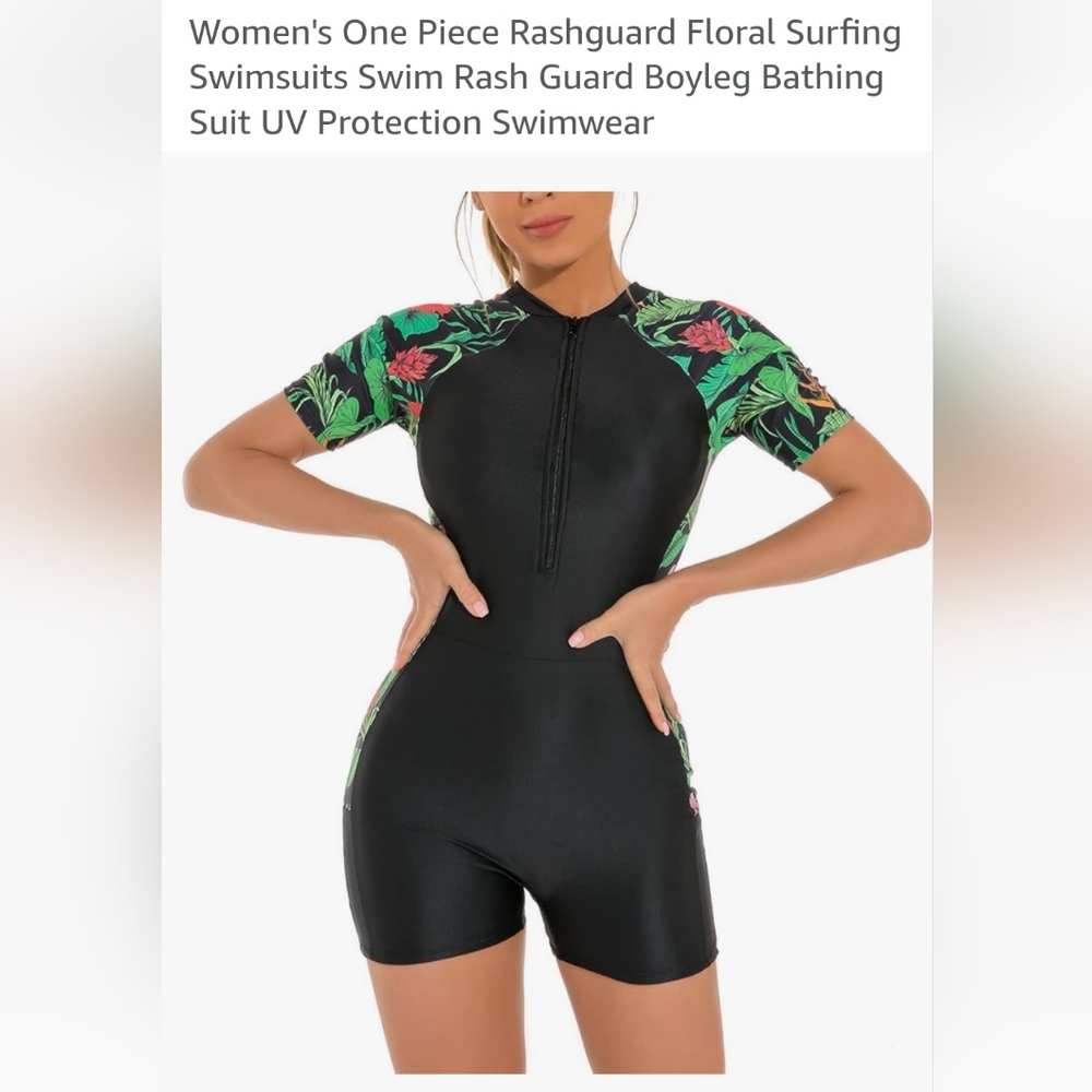 Black and Green Floral Women's Rashguard Swimsuit L